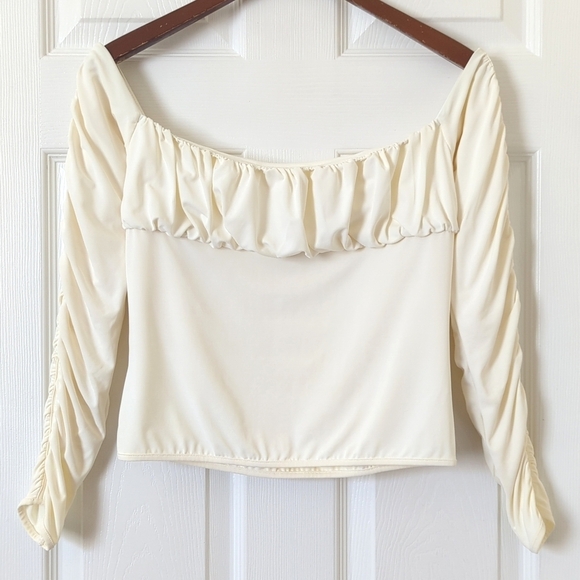 Catherine Malandrino Tops - Catherine Malandrino Y2K Vintage Ruched Off The Shoulder Long Sleeve Cropped Top